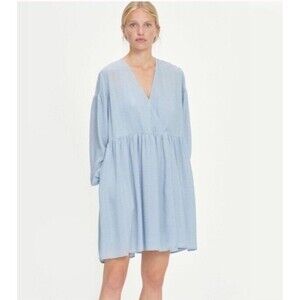 Samsoe Samsoe Jolie Dusty Blue Wrap Babydoll Mini Dress Size Large Long Sleeve